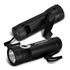 A black rechargeable torch with a wrist strap and a logo. The design includes a flashlight at one end.