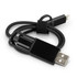 A braided black charging cable with a USB connector and a compatible end, neatly bundled with a black strap.