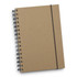A brown spiral notebook with an elastic band closure features black spirals and a plain cover.