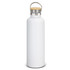 A drink bottle in white with a stainless steel cap and a bamboo handle. It has a logo on the side.