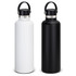 A drink bottle set featuring a matte white and a matte black vacuum bottle with carry lids. Both bottles have a sleek design.