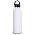 A drink bottle in white with a black carry lid, featuring a sleek, minimalist design.