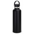 A drink bottle in matte black with a carry lid and a metallic accent, featuring a logo.