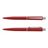 A red plastic pen with a silver clip and accents, displayed from two angles. It features a logo.