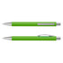 A green plastic pen with a silver clip and tip, featuring a sleek, soft-touch finish.