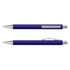 A blue soft-touch pen with silver accents, featuring a clip and a smooth writing tip. It has a simple logo.