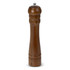 A wooden pepper mill in a warm brown finish, featuring a rounded top and elegant grooves. It has a logo on the base.