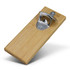 A drink bottle opener made of natural bamboo with a silver metal cap catcher. Features a sleek, modern design.