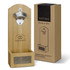A drink bottle opener made of bamboo, featuring a metal cap catcher and a branded box.