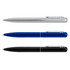 A collection of three metal pens in silver, blue, and black, featuring a clip and sleek design.