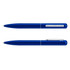 A blue metal pen with a sleek design, featuring a silver clip and a polished barrel. It includes a logo.