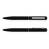 A black metal pen with a sleek design, featuring a silver clip and detailing. The pen is presented from two angles.
