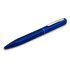 A metal pen in a vibrant blue colour with a silver clip, featuring a logo on the body.