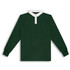A green unisex rugby jersey featuring a white collar and long sleeves, equipped with a logo.