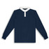 A navy blue unisex rugby jersey with a white collar and long sleeves. It features a logo on the chest.