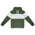 A green and white hoodie featuring a front kangaroo pocket and a hood, with branding on the design.
