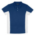 A blue and white polo shirt featuring a three-button placket and a branded logo.