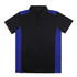 A black polo shirt with blue side panels, featuring a collar and three buttons, with a logo on the chest.