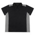A black and grey polo shirt featuring a collar and short sleeves, with a logo on the chest area.