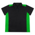 A black polo shirt featuring green side panels and a collar, with a logo on the chest area.