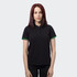 A black women's polo shirt featuring green trim on the collar and sleeves, with a logo on the front.