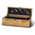 A wooden wine box set featuring a corkscrew, pourer, stopper, and wine collar, all in a black-lined interior.