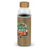 A drink bottle with a clear body, bamboo lid, and a natural fabric sleeve featuring a truck design.
