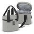 A grey cooler bag with a zippered opening, featuring two sturdy handles and an interior lining. It has a logo.