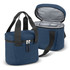 A navy lunch cooler bag with a zippered closure, carrying handles, and an insulated interior. Features a logo.