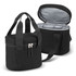 A black lunch cooler bag with a zippered lid, featuring a sturdy handle and an insulated interior.