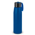 A drink bottle in a vibrant blue with a black lid and handle, featuring a logo on its side.