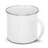 A white enamel mug with a metallic rim and a sturdy handle, featuring a logo or branding.