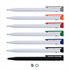 A collection of eight recycled plastic pens in various colours: orange, red, green, blue, and black, with branding visible.