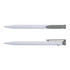 A recycled plastic pen in white with a grey clip and grip, featuring branding on the side.