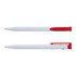 A recycled plastic pen in white with a red clip and accent. The pen features a logo on its body.