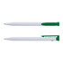A recycled plastic pen in white with green accents, featuring a clip and smooth finish. It has a logo.
