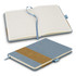A denim notebook featuring a blue cover with a brown faux leather strip, showcasing lined pages and a ribbon bookmark.