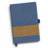 A denim notebook in blue with a brown faux leather band and a bookmark. It features a logo on the cover.