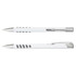 A metal pen with a white barrel and chrome accents, featuring a grip design and a branding logo.