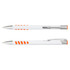 A metal pen with a white barrel and orange accents, featuring a silver clip and detailing.