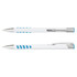 A white pen with a metal clip and blue grip accents, featuring a sleek, modern design.
