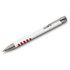 A white barrel pen with red grip accents and a silver clip, featuring a logo on the side.
