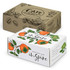 Two die cut boxes with locking lids, featuring coffee bean and orange floral designs in brown and white.