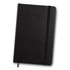 A black Moleskine sketchbook with a textured cover and an elastic closure band.