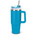 A drink bottle with a bright blue exterior, stainless steel rim, handle, and a straw for easy sipping.