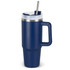 A drink bottle in navy blue with a clear lid, a metal straw, and a sturdy handle. It features a logo.