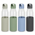 A drink bottle collection featuring four glass bottles with coloured silicone sleeves in light green, dark green, blue, and black.