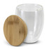 A drink cup with a clear glass body and a bamboo lid, designed for coffee or other beverages.