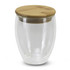 A drink bottle with a clear glass body and a bamboo lid, designed for reusable coffee or beverages.