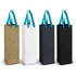 A set of four paper bags in gold, white, black, and dark blue, each with blue ribbon handles.